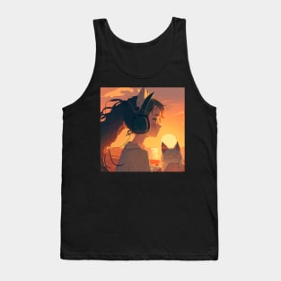 Sunset Serenade - Girl Hugging Cat Print T-Shirt Tank Top